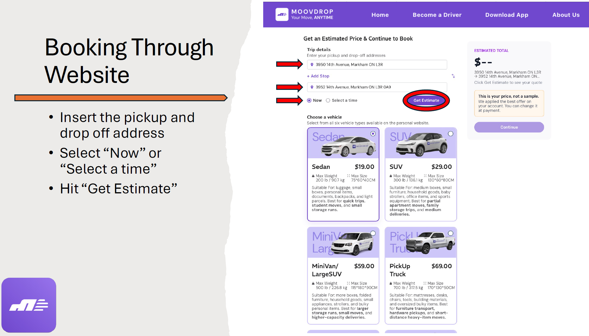 MoovDrop website vehicle selection