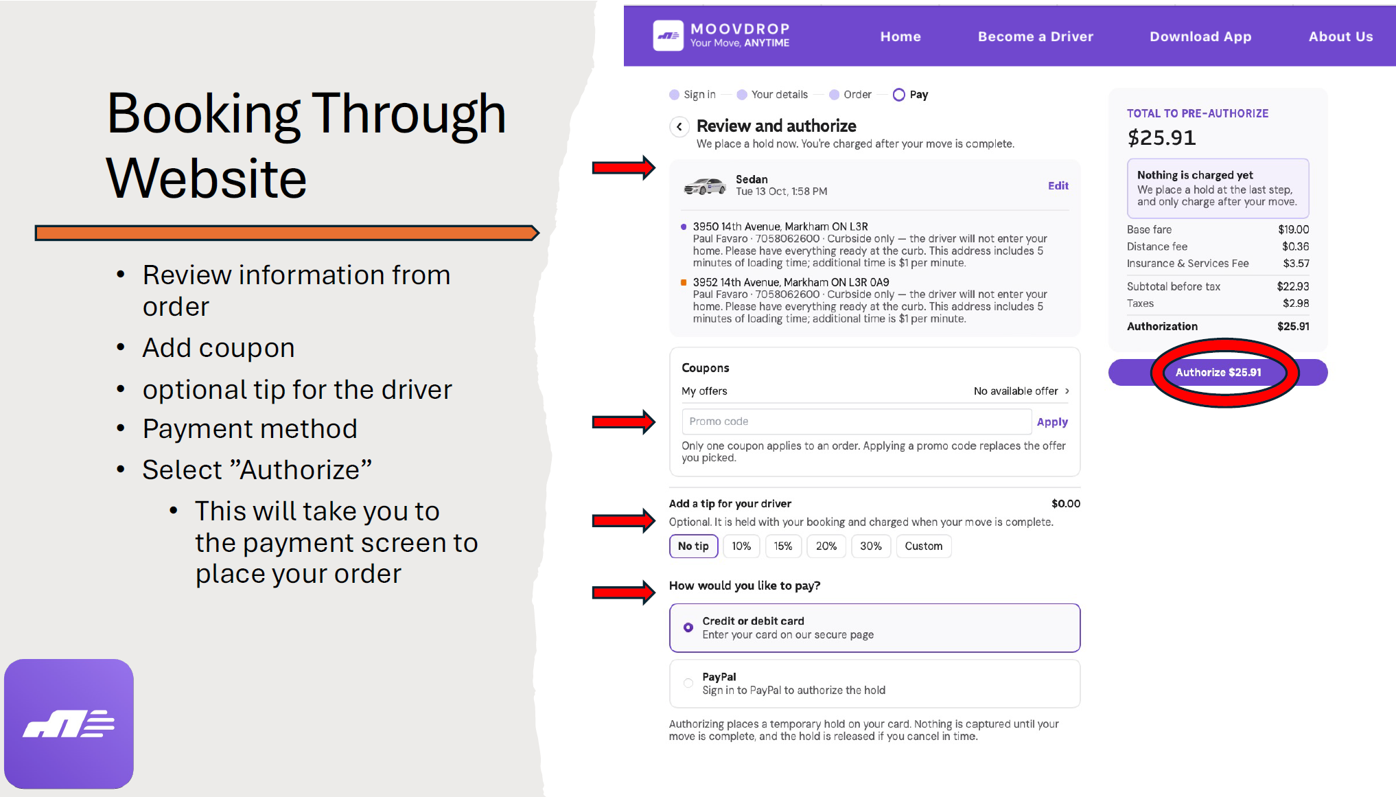 MoovDrop website payment and order confirmation