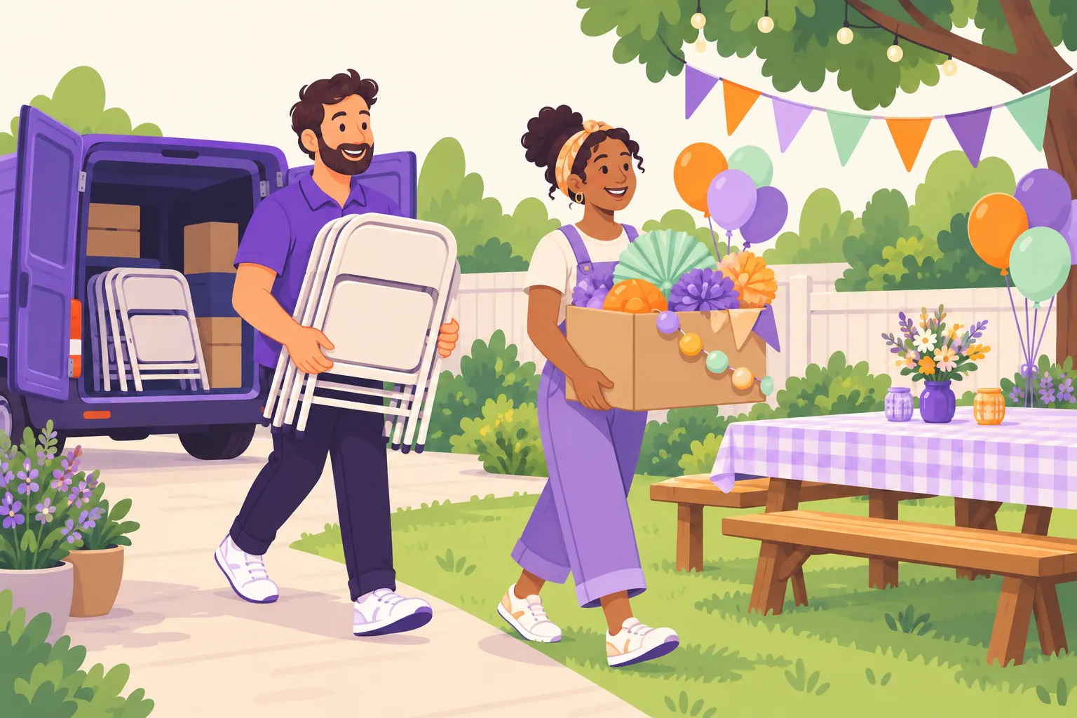 Cartoon of two people carrying folding chairs and party decorations from a purple delivery van into a backyard.
