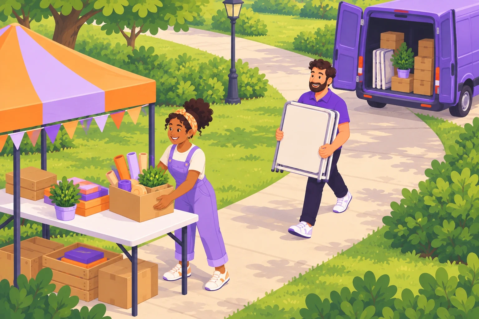 Slightly elevated view of a helper setting supplies on a market stall table while another carries folded display equipment from a purple van.