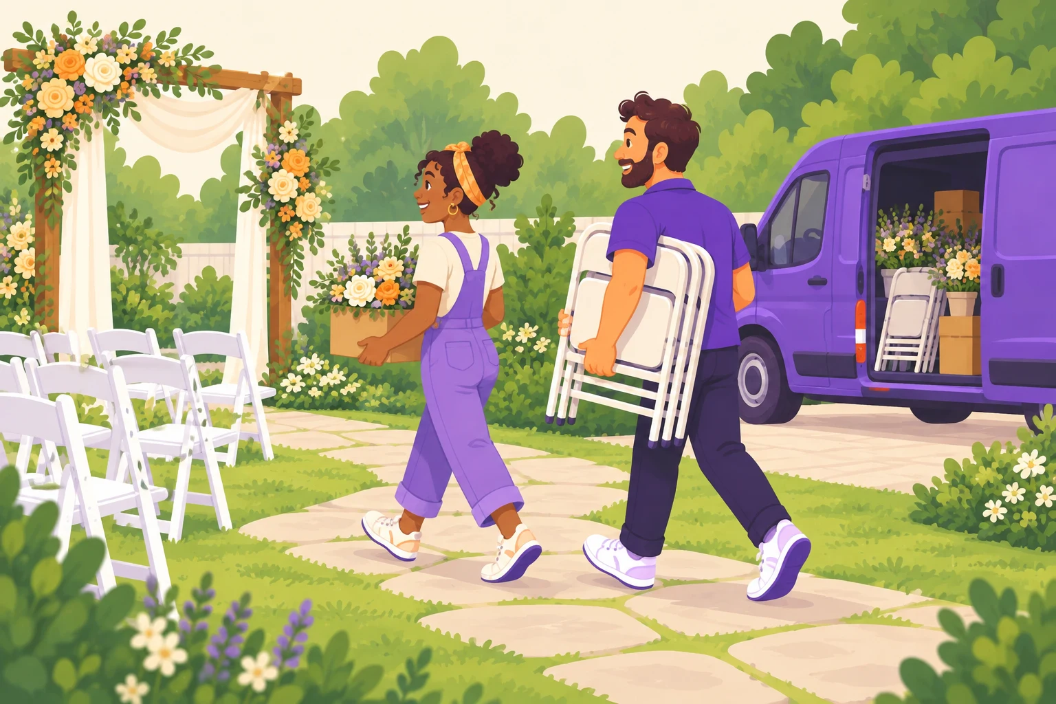 Side view of two helpers carrying folding chairs and a box of flowers from a purple van toward a garden wedding arch.