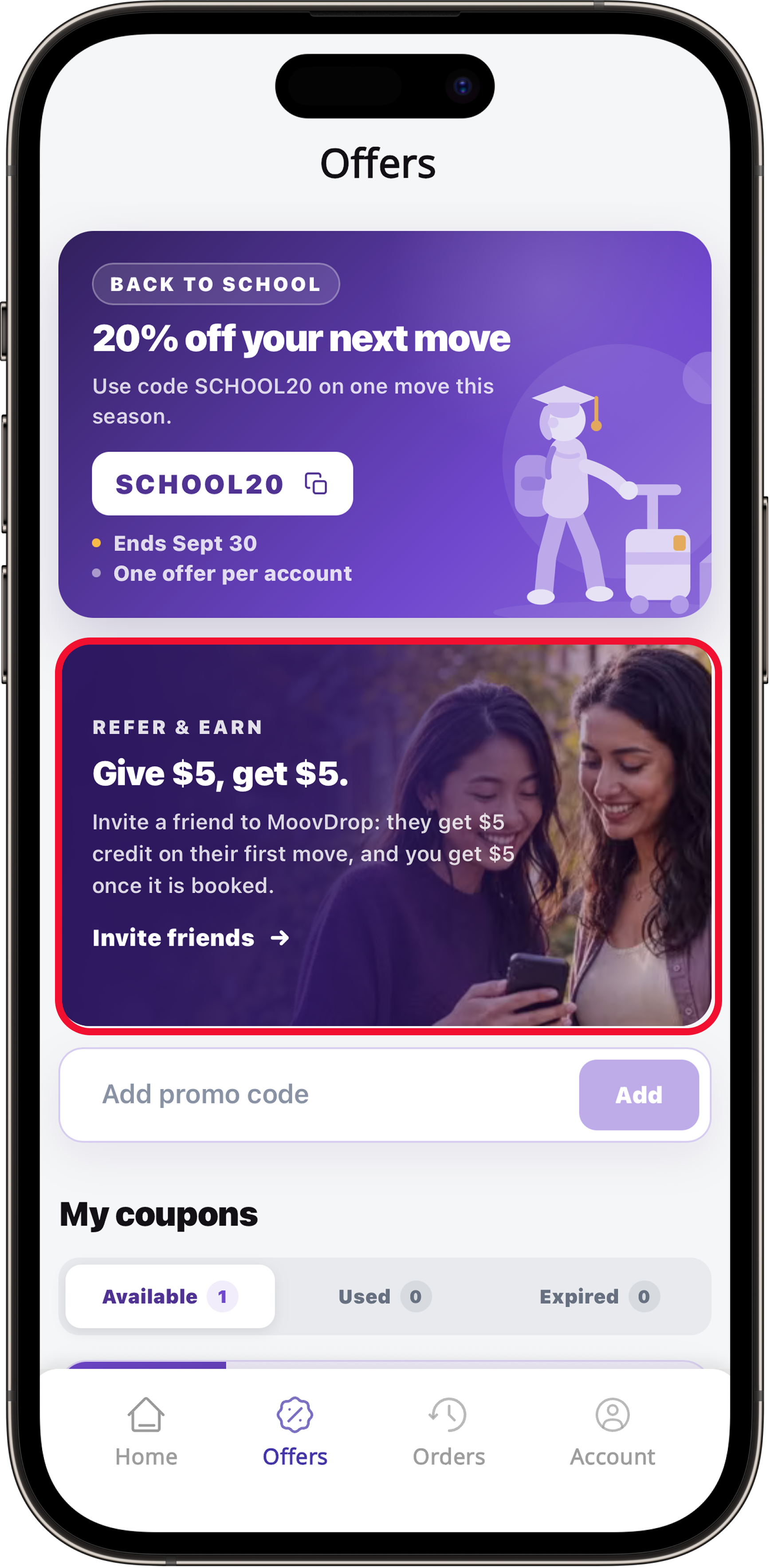 MoovDrop Offers screen showing the Refer & Earn invitation