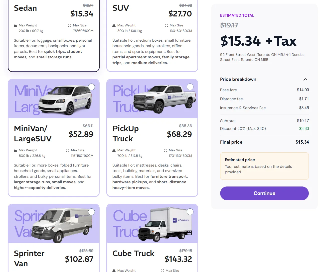 MoovDrop quote screen showing vehicle choices and an estimated price