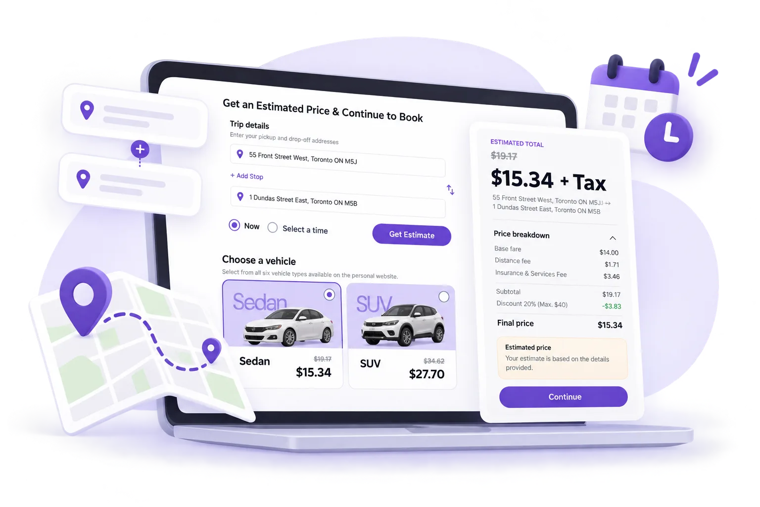 MoovDrop web quote form showing trip details, vehicle selection and an estimated price